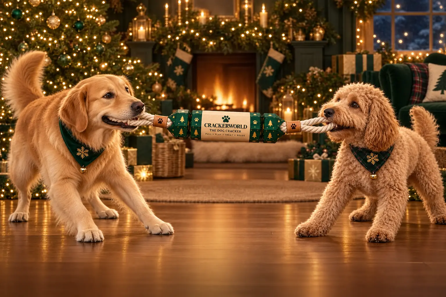 Two dogs pulling a cracker together