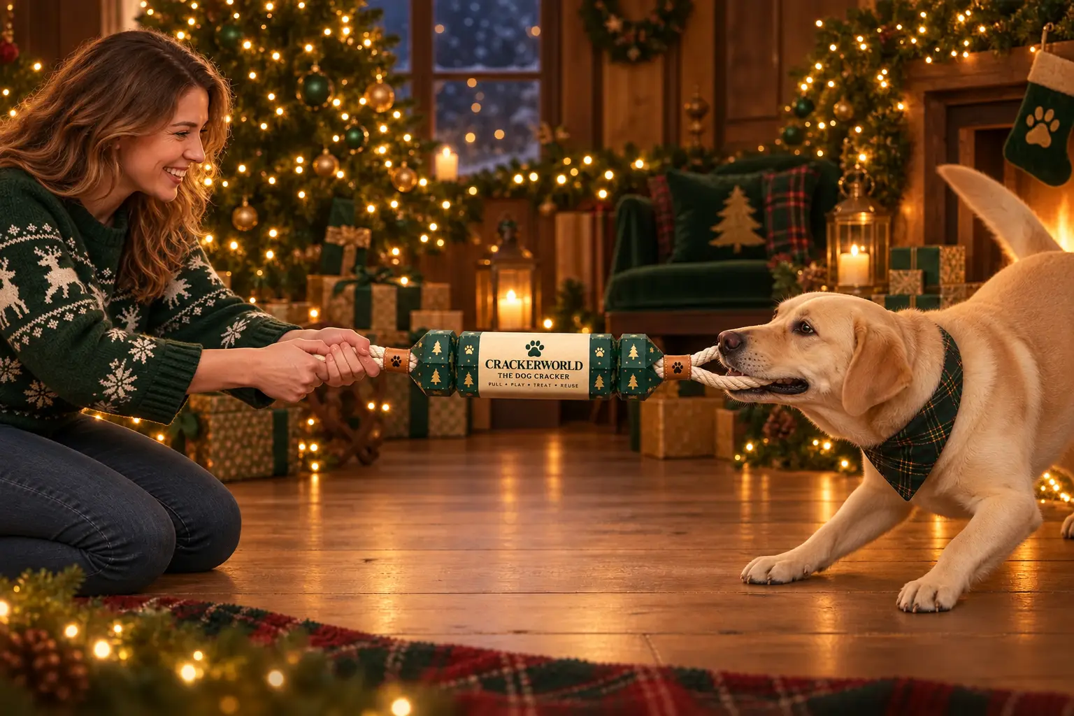 A person sharing a cracker pull with their dog