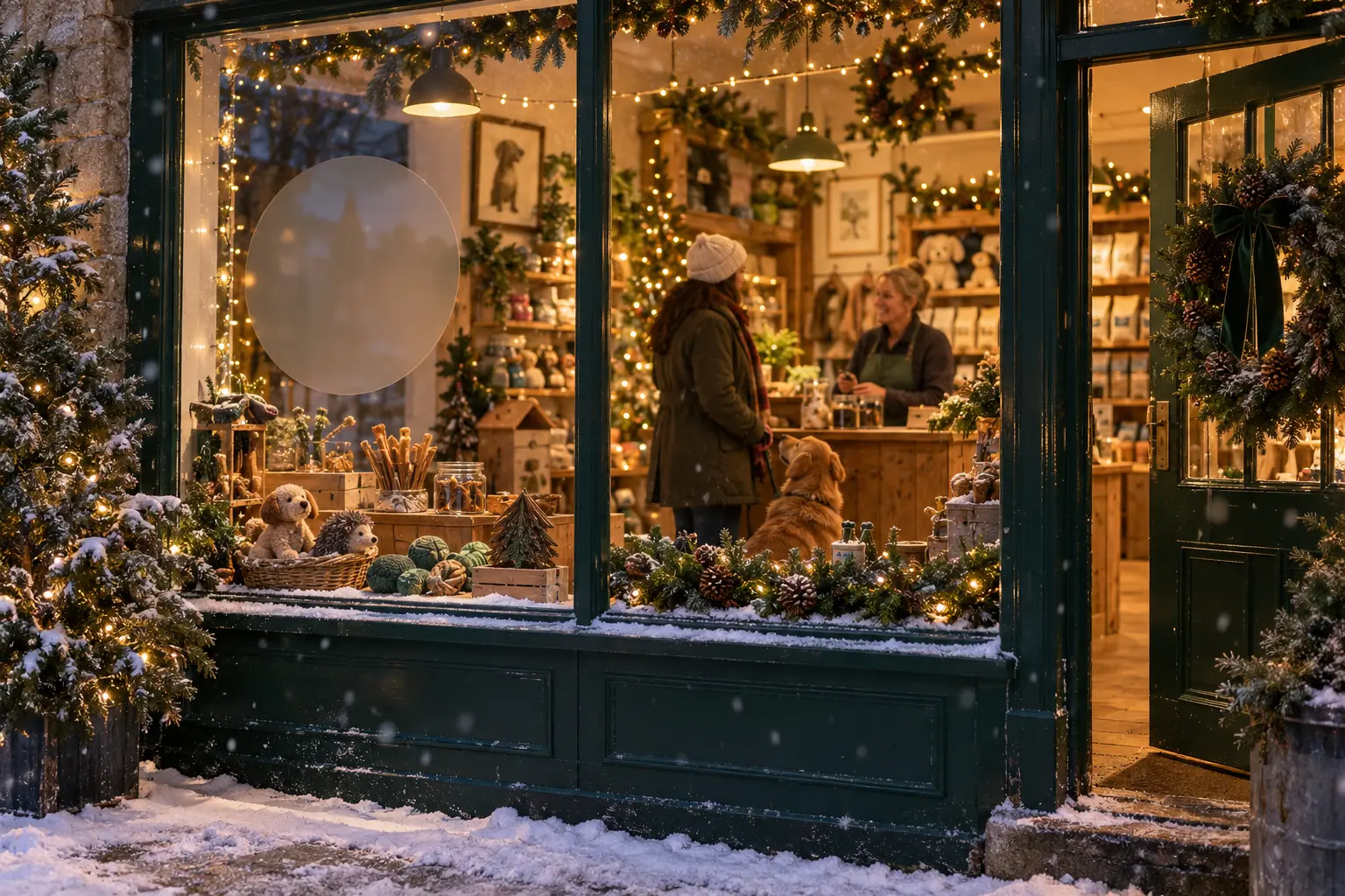 A warm independent pet shop at Christmas with a customer and dog inside