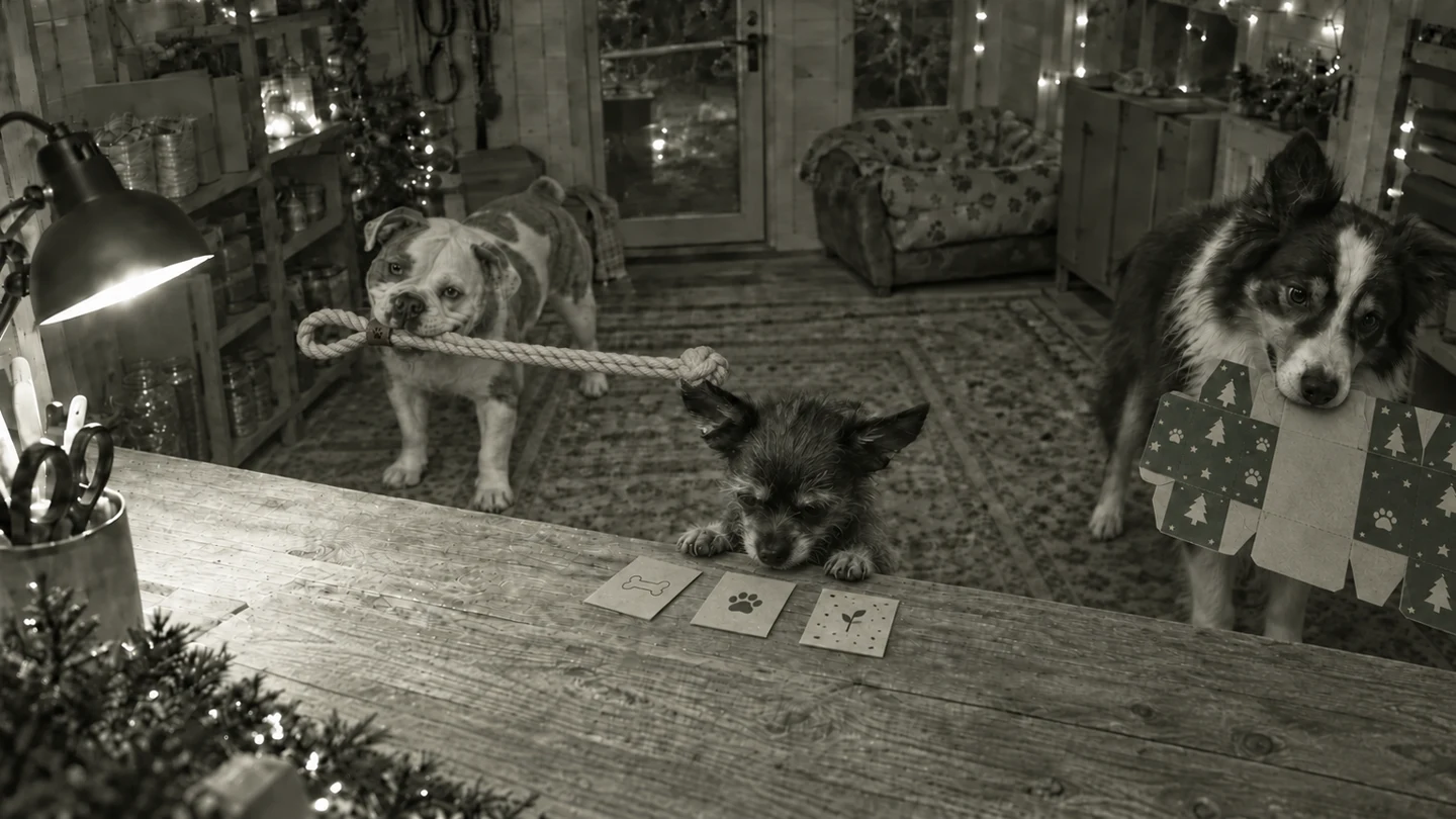Grotto night shift: Rosie checks a finished hemp toy, Finkle inspects the paper inserts and Jack carries a scored cracker-shell sheet