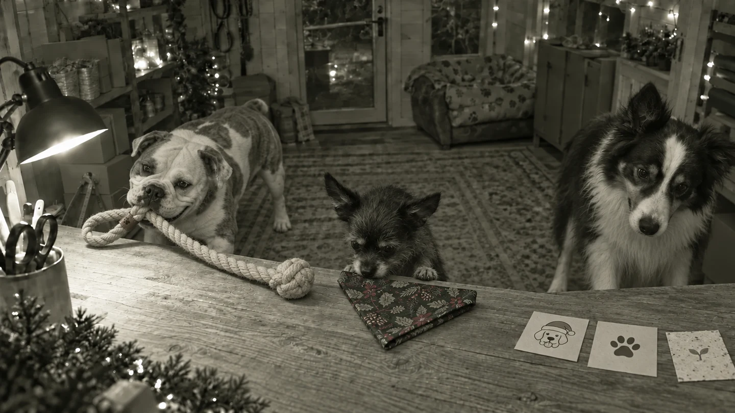 Grotto night shift: Rosie tug-tests the hemp toy, Finkle checks the cotton bandana and Jack inspects the paper inserts