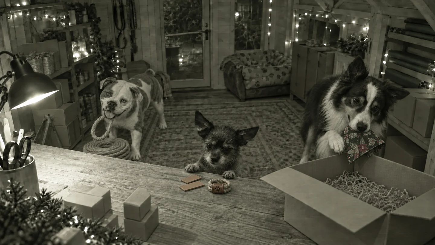 Grotto night shift: Rosie checks hemp rope, Finkle inspects the leather cuff pieces and Jack checks a cotton bandana